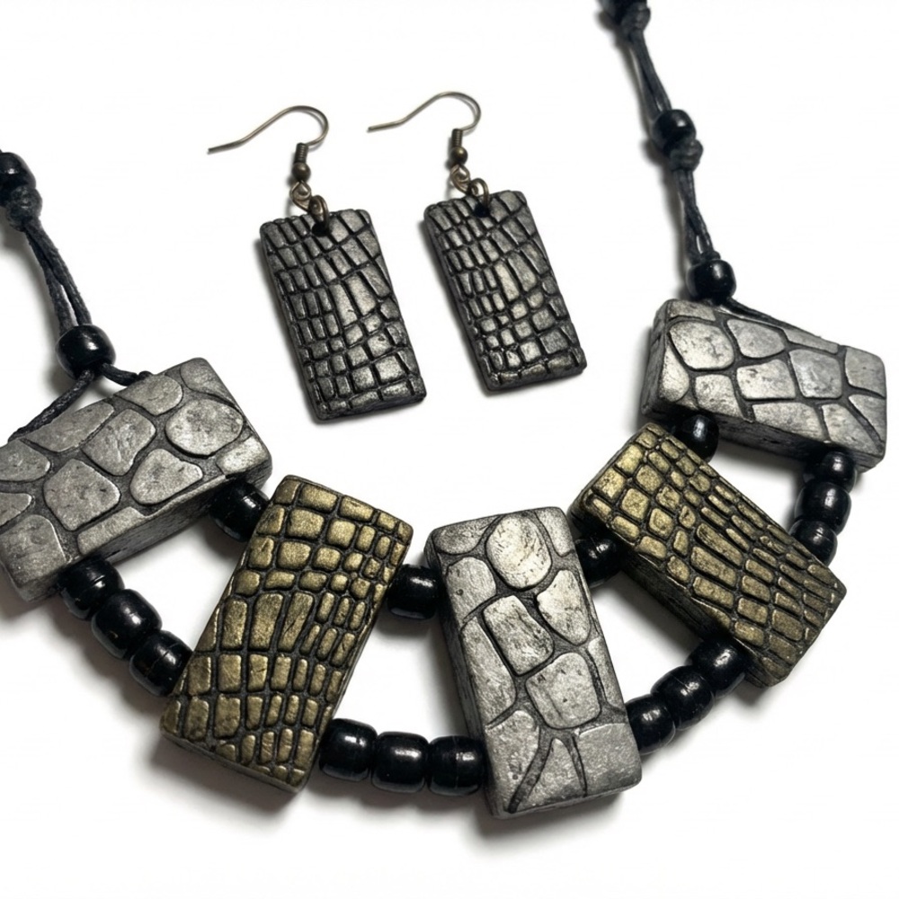 Textured Silver and Antique Gold Rectangular Bead Necklace Set